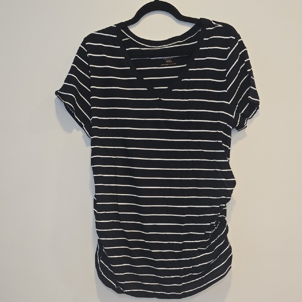 Black and White Striped V-Neck Top